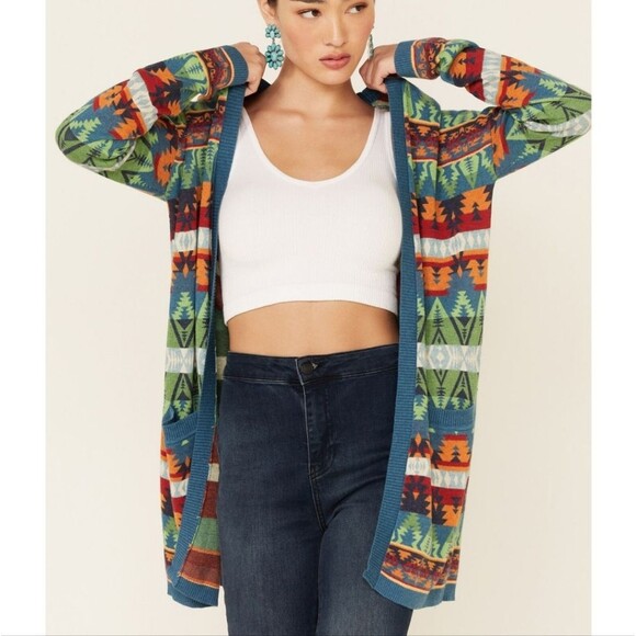 Tasha Polizzi Southwestern Print Cadet Blue Adobe Open Front Cardigan Sweater - Picture 2 of 11